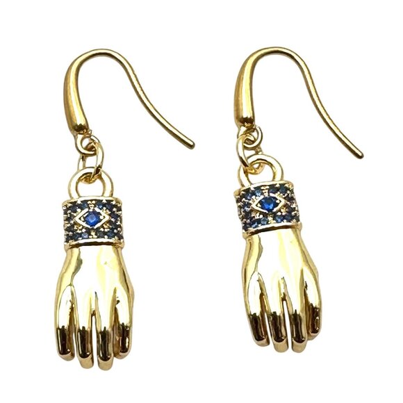 18K Gold Plated Evil Eye Blue Crystal Figa Fist Earrings Pierced Chandelier - Picture 1 of 4